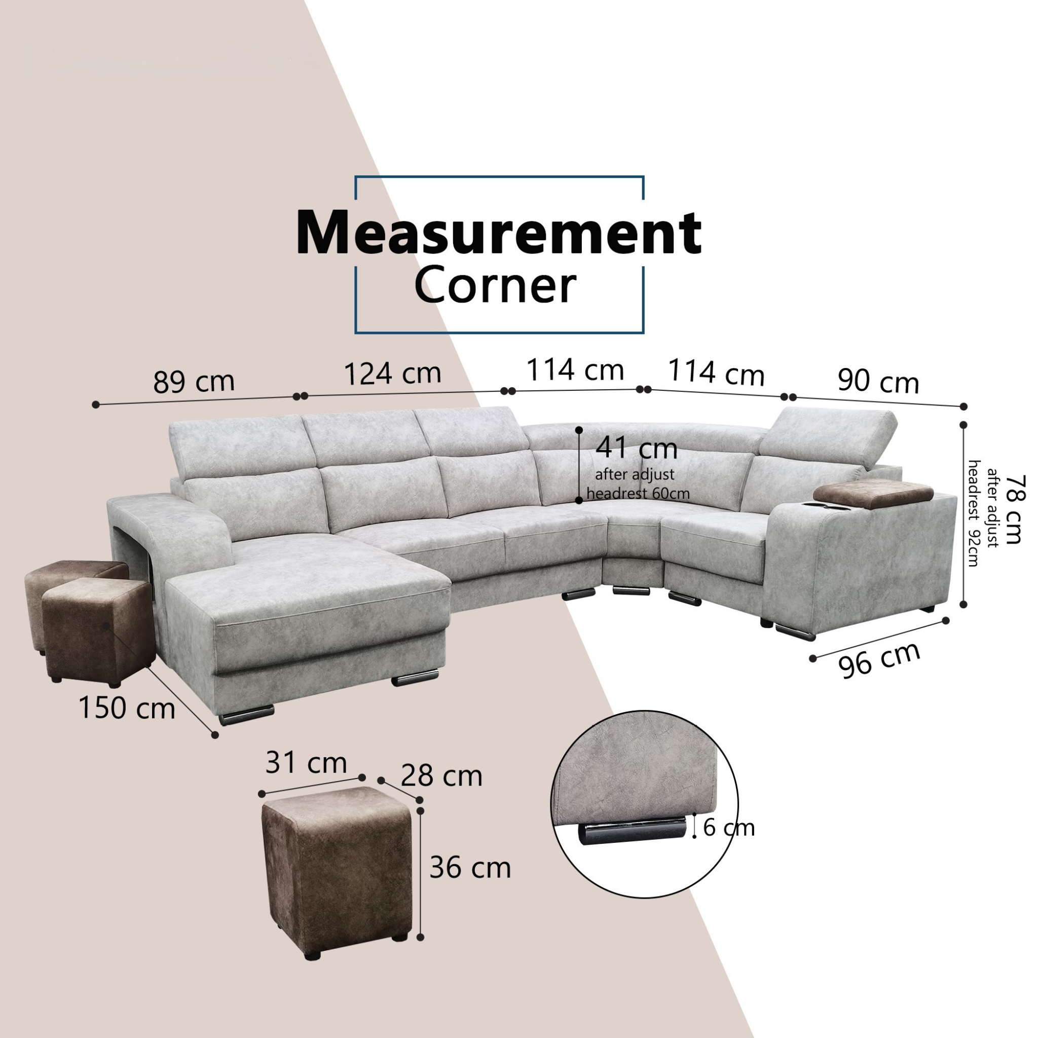 Meren Fabric Adjustable Headrest L-Shaped Corner Sofa (Pet Friendly & Easy Clean)