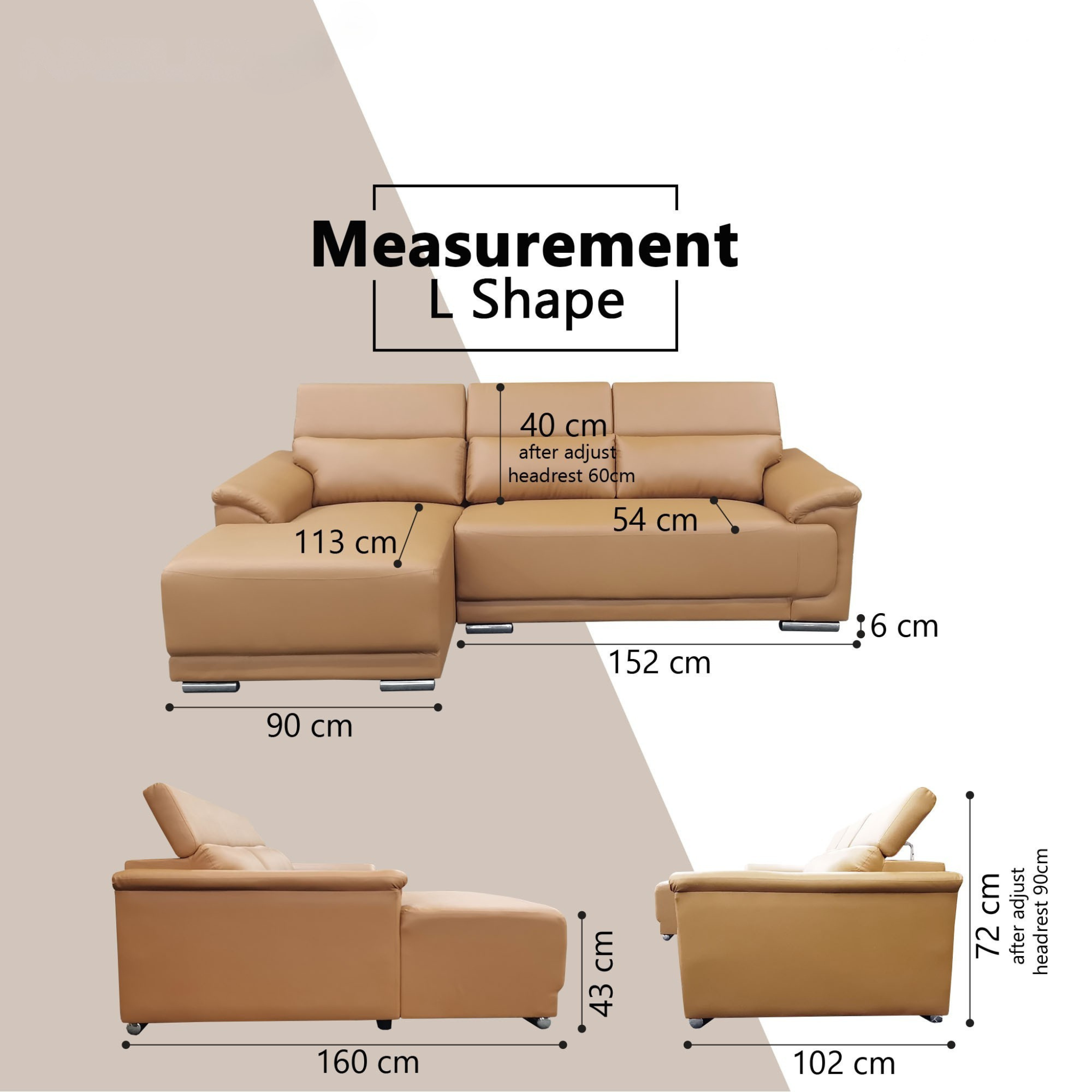 Quirra Genuine Leather Adjustable Headrest L-Shaped Sofa