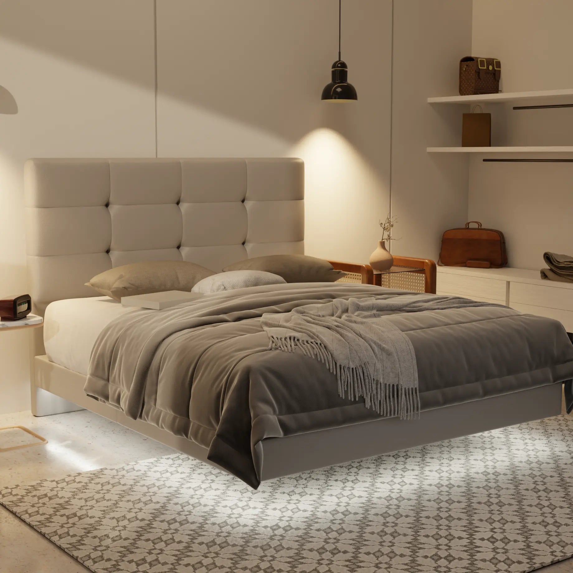 Rachelle Genuine Leather Floating Bed Frame (With LED) XYXBED