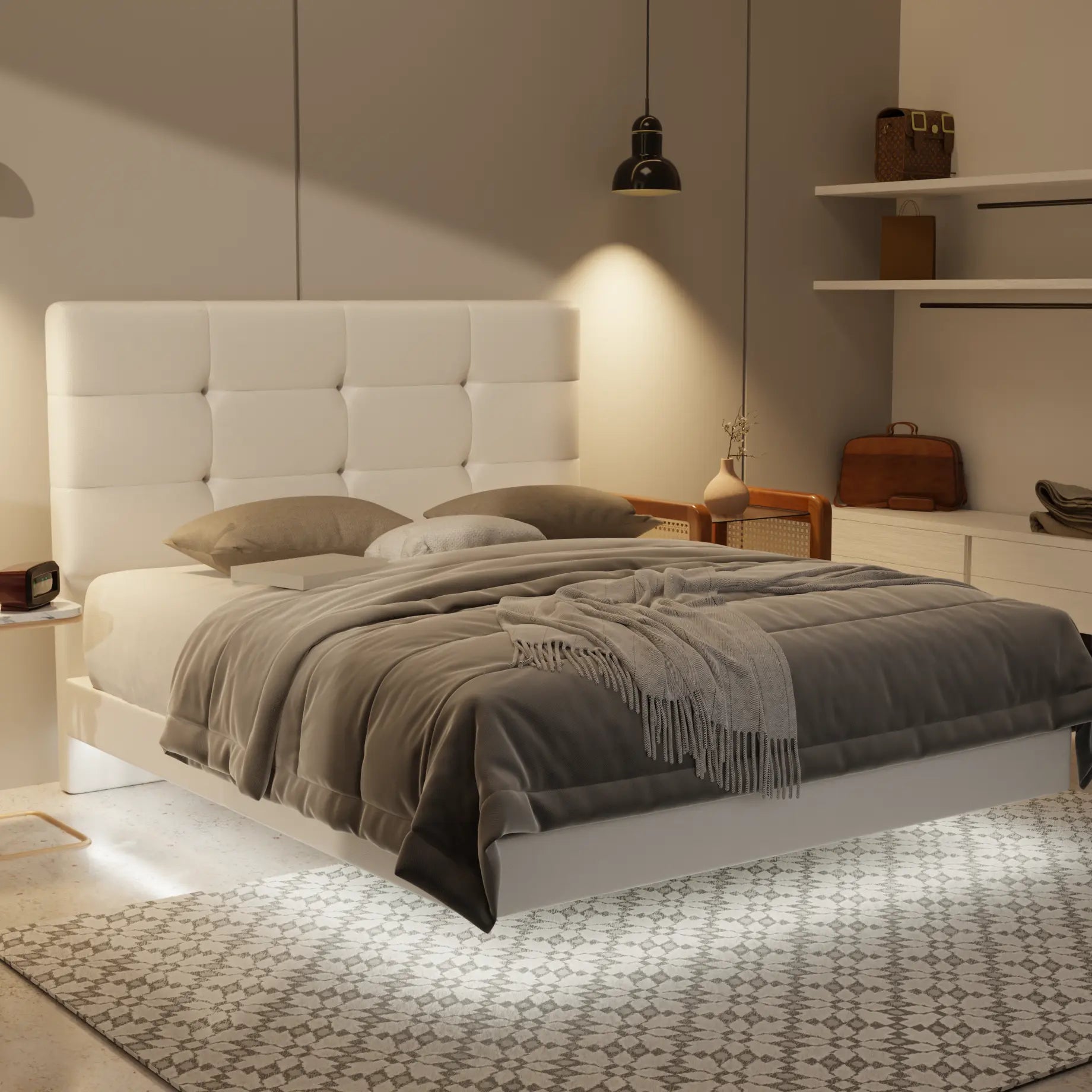 Rachelle Genuine Leather Floating Bed Frame (With LED) XYXBED