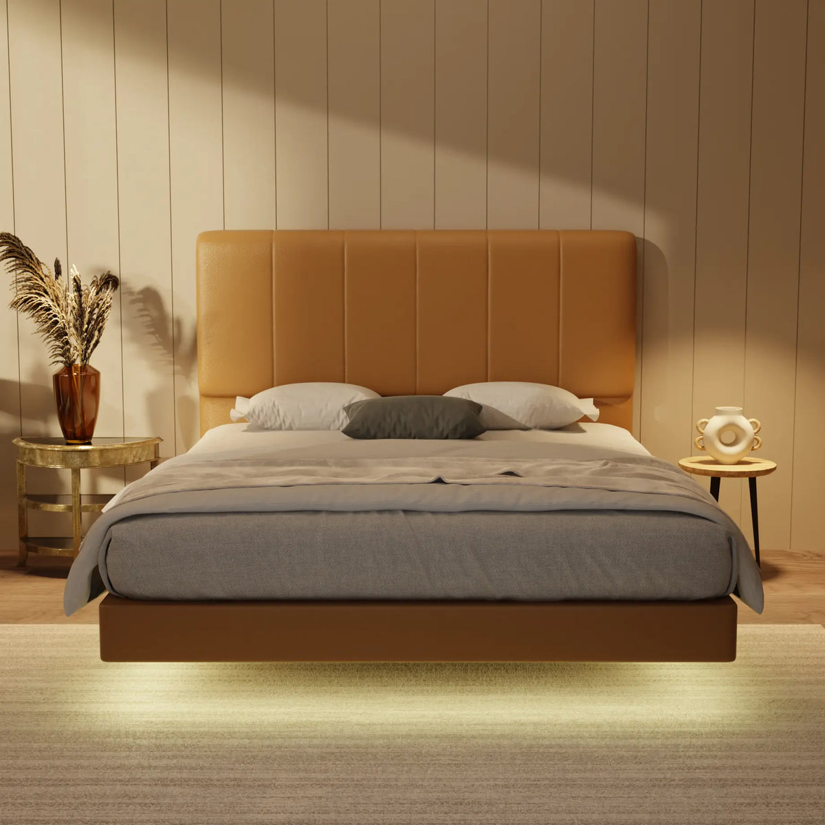 Joane Genuine Leather Floating Bed Frame (With LED) XYXBED