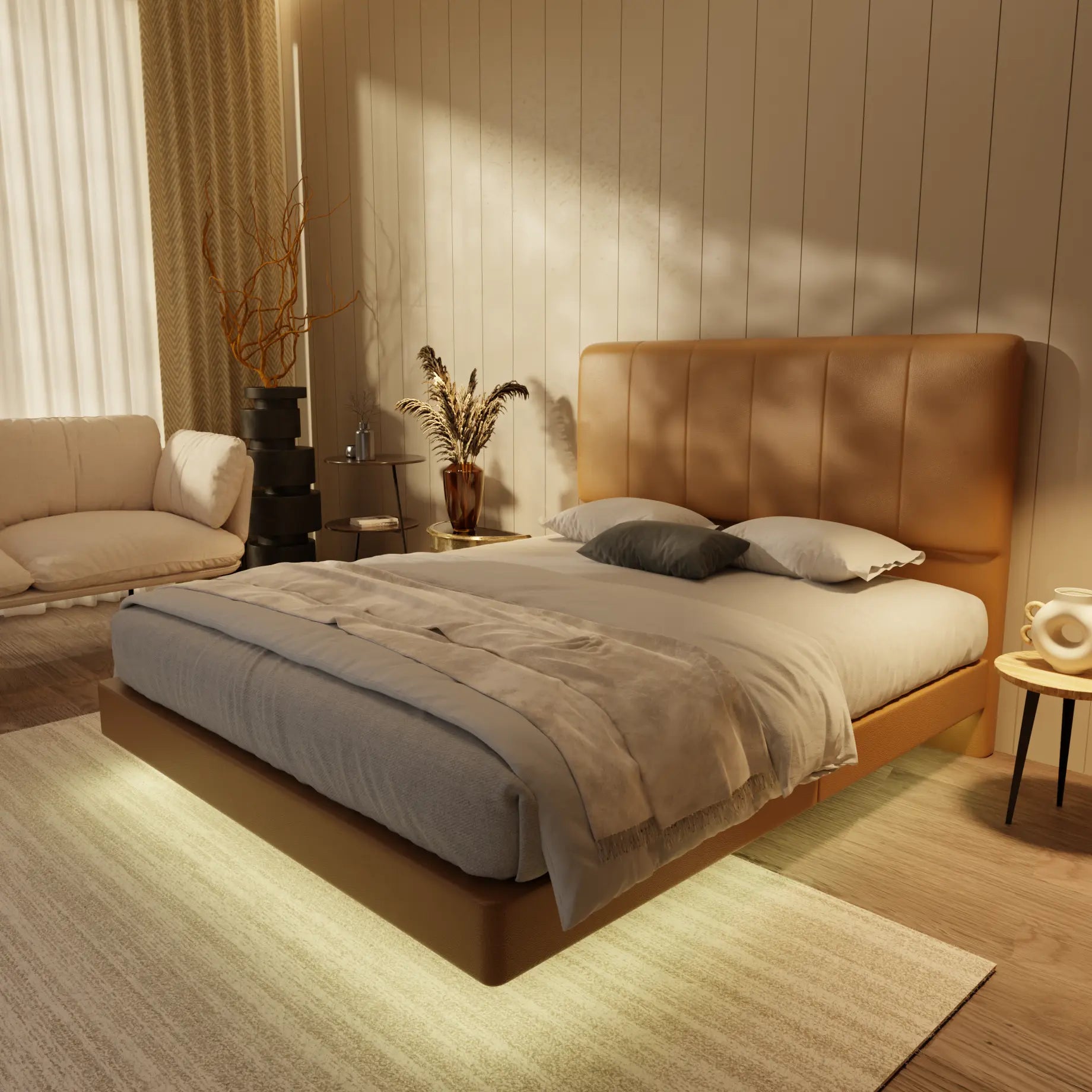 Joane Genuine Leather Floating Bed Frame (With LED) XYXBED