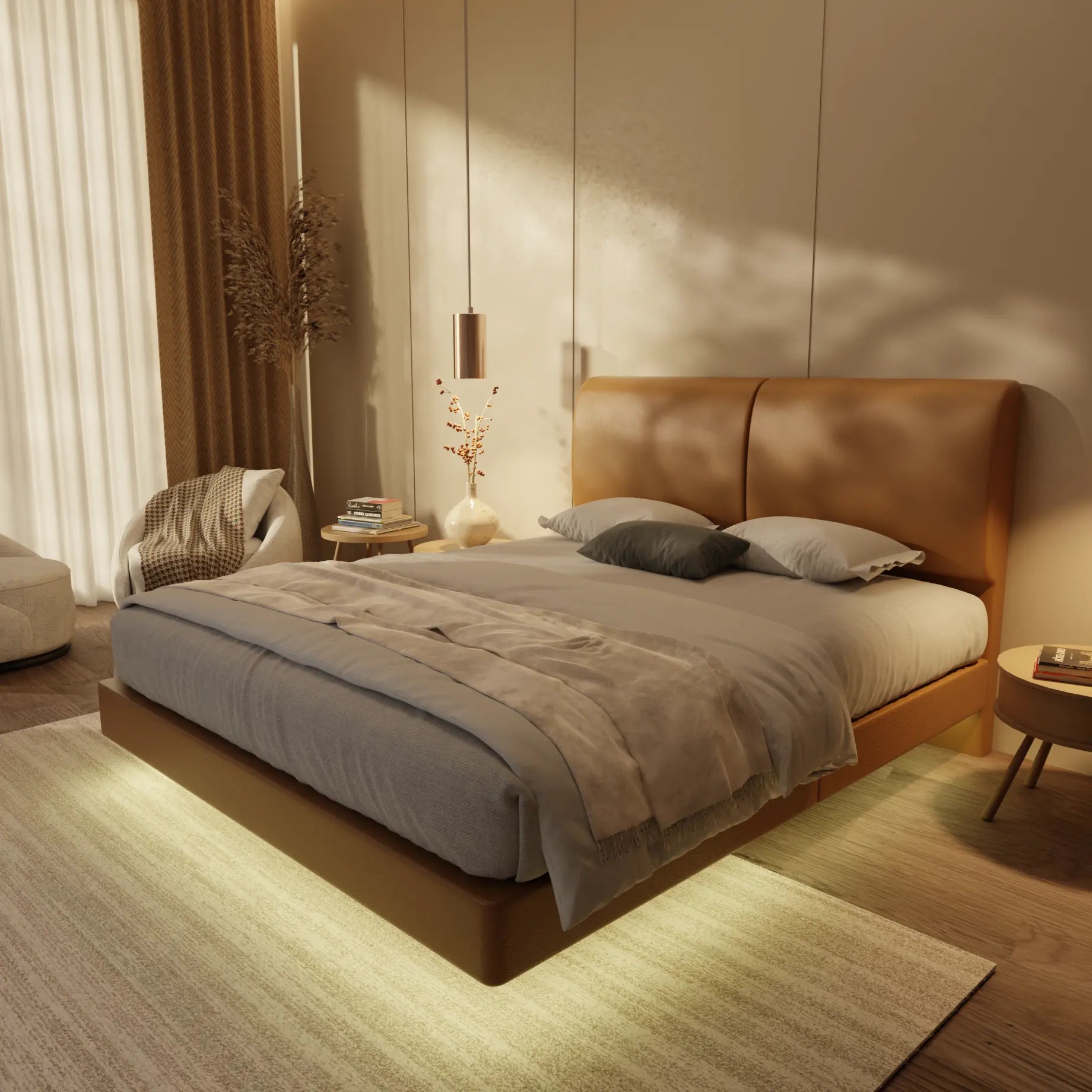 Gretelle Genuine Leather Floating Bed Frame (With LED) XYXBED