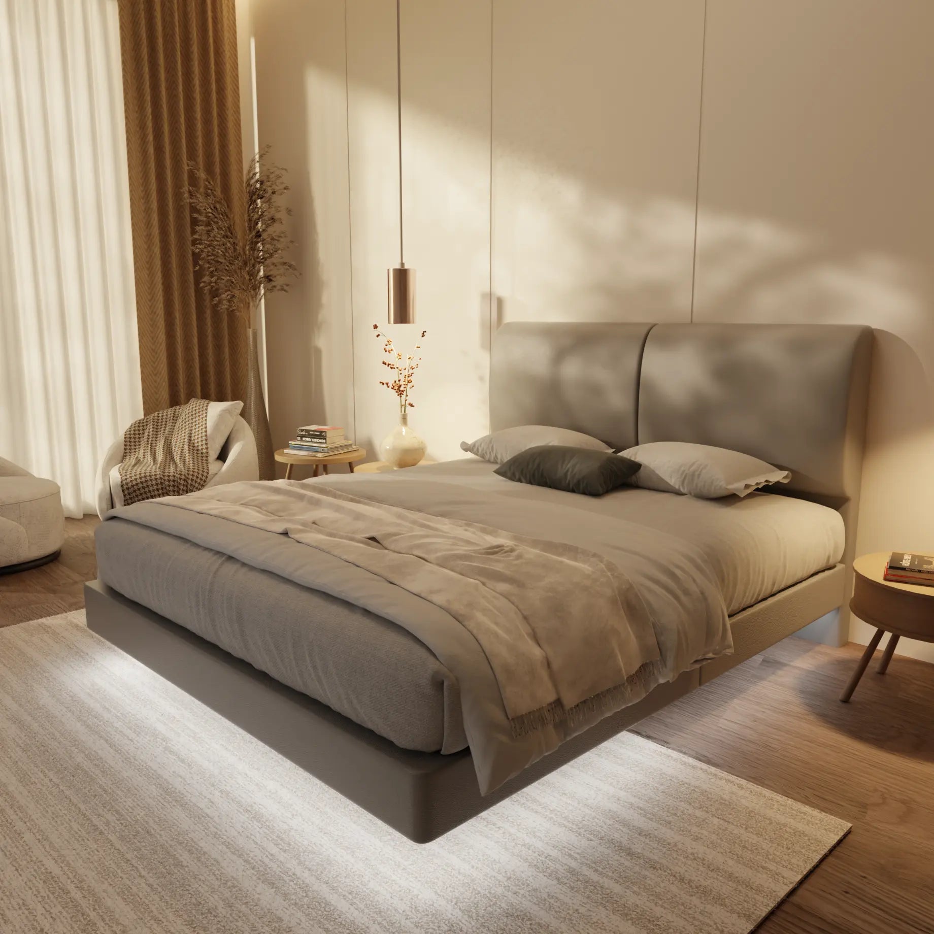 Gretelle Genuine Leather Floating Bed Frame (With LED) XYXBED