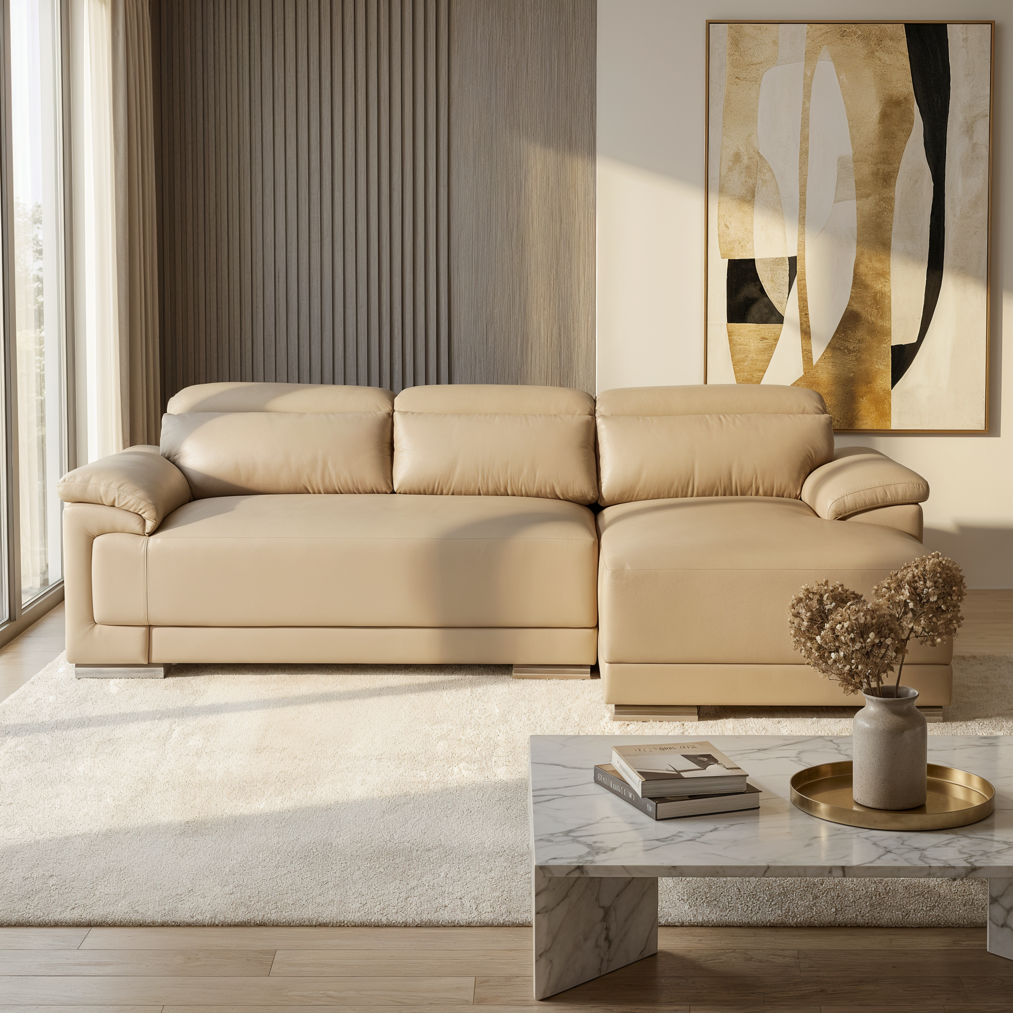 Quirra Genuine Leather Adjustable Headrest L-Shaped Sofa