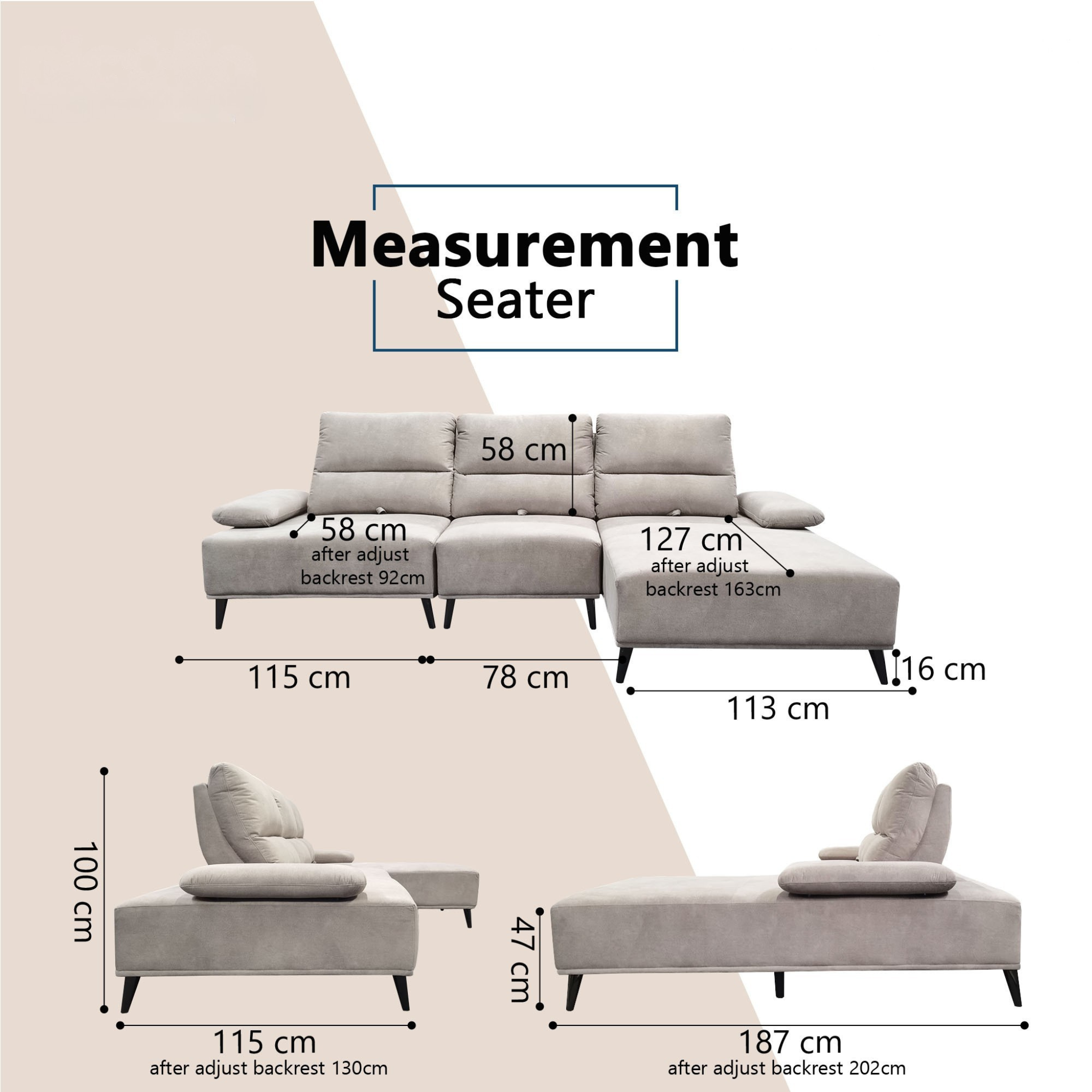 Norric Fabric Adjustable Backrest & Armrest L-Shaped Sofa (Pet Friendly & Easy Clean)