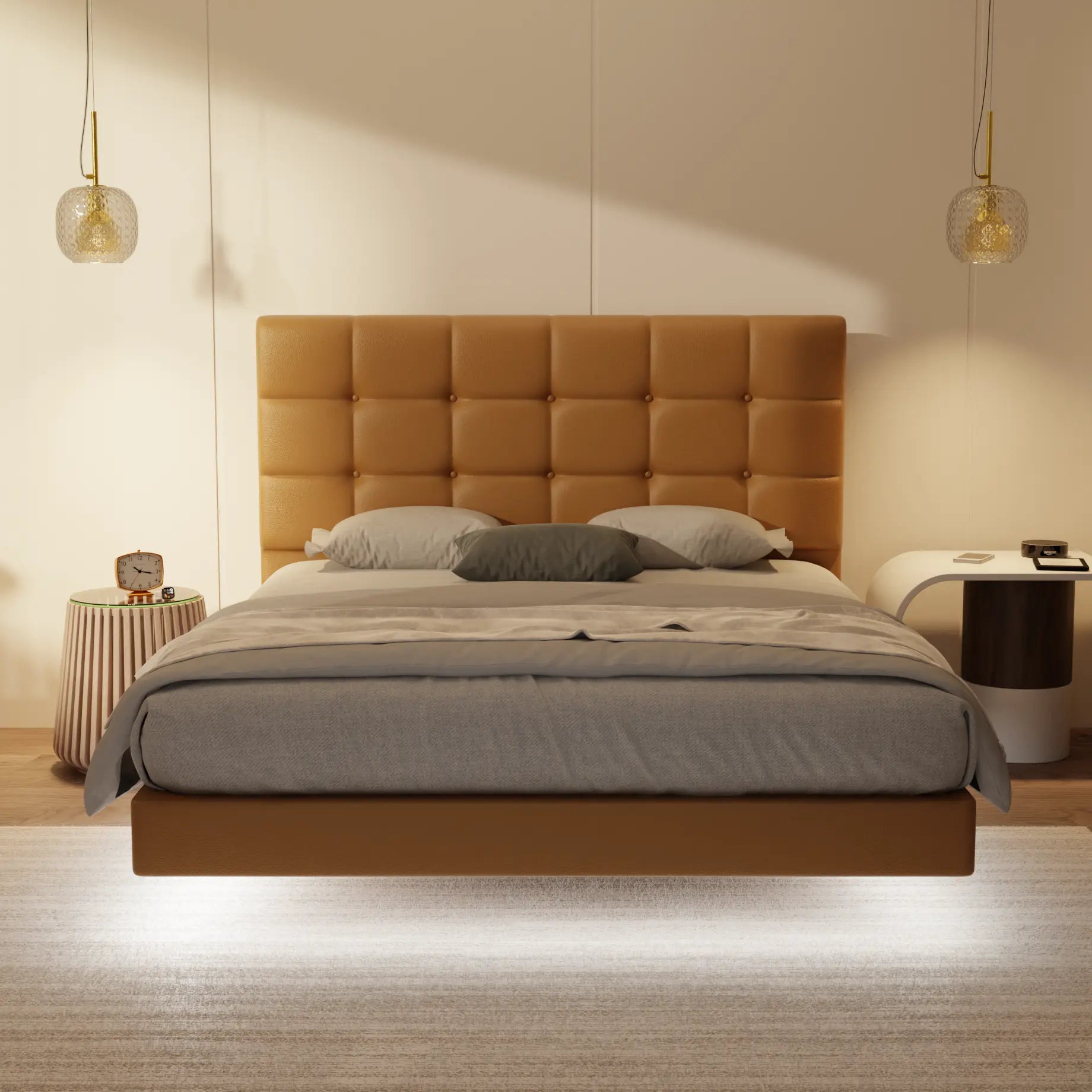 Mancine Genuine Leather Floating Bed Frame (With LED) XYXBED