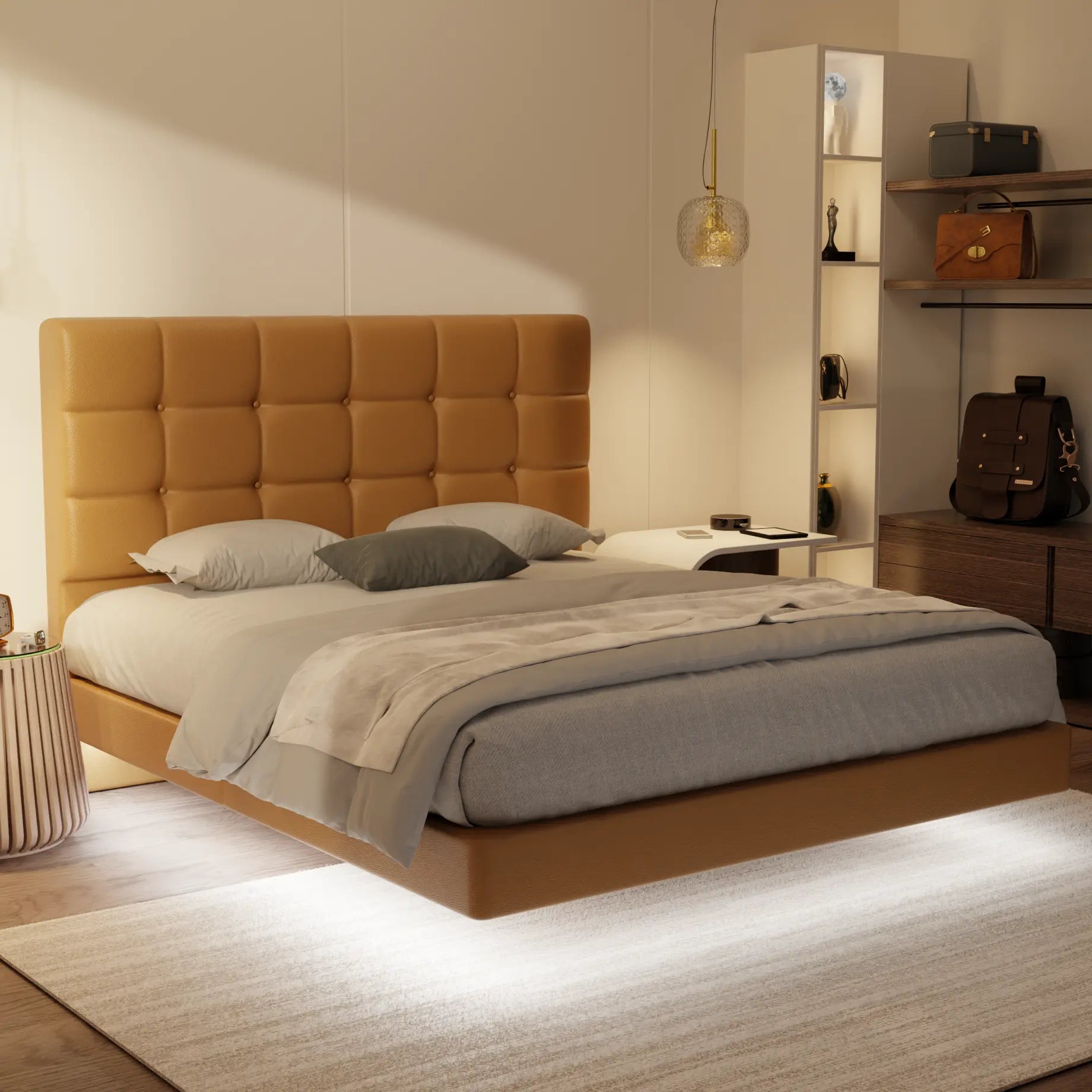 Mancine Genuine Leather Floating Bed Frame (With LED) XYXBED