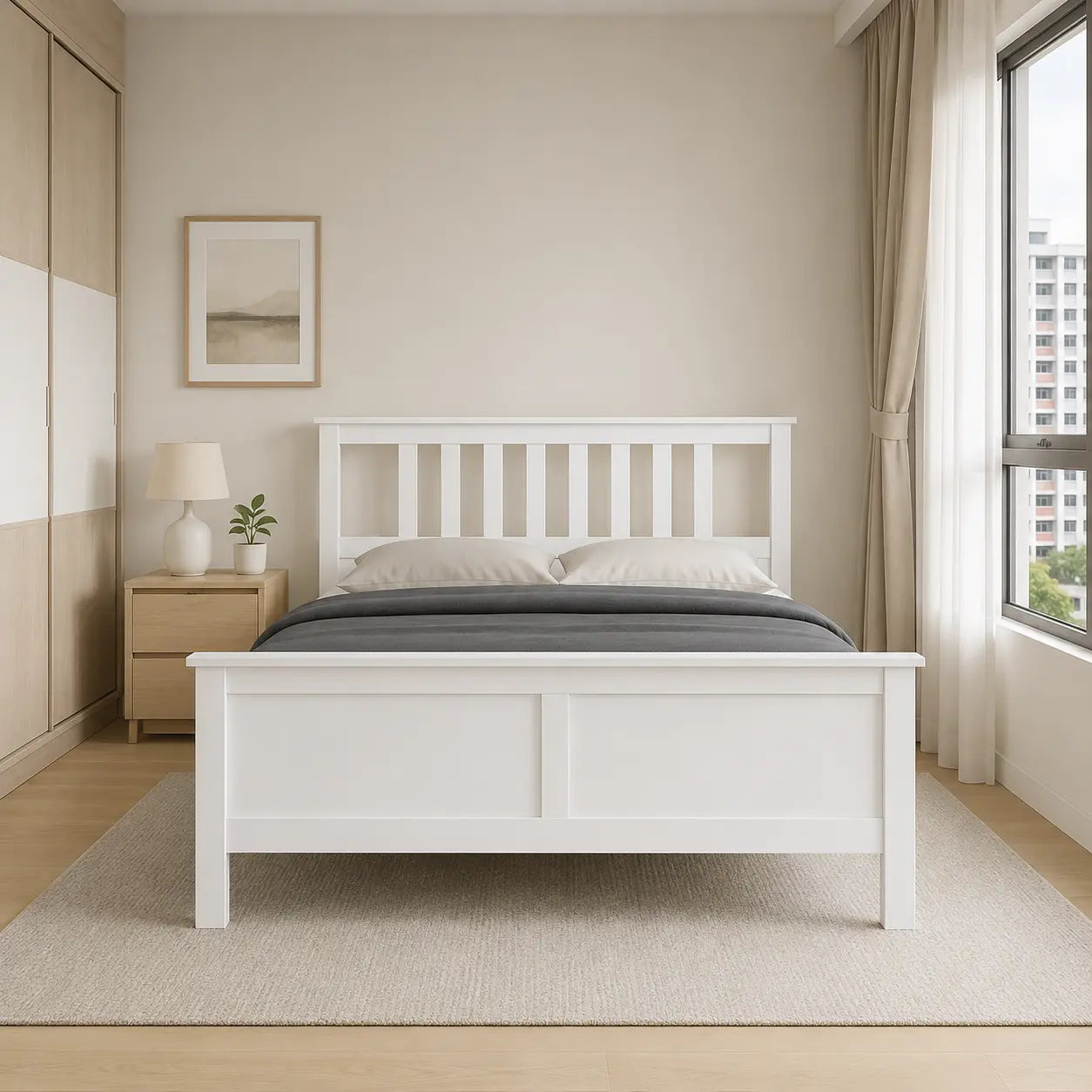 Clarivo White Wooden Bed Frame (Queen)