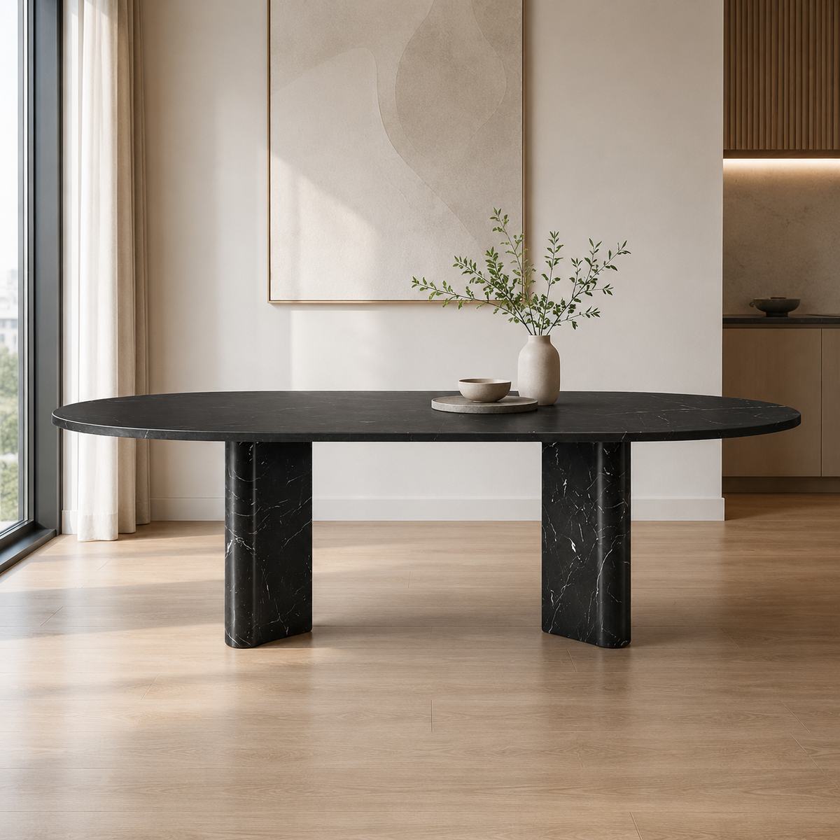 Noirelle Black & White Roots Oval Luxury Stone Dining Table