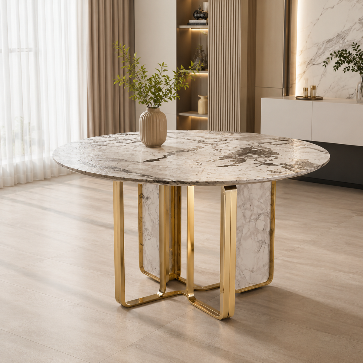 Nova White Gold Round Luxury Stone Dining Table