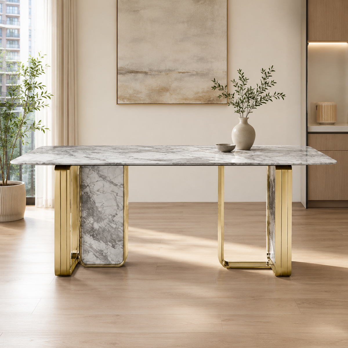 Nova White Gold Rectangular Luxury Stone Dining Table