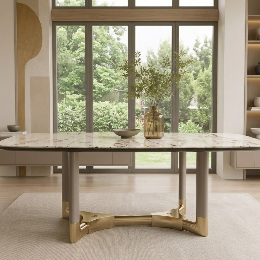 Morravelle Ivory Gold Rectangular Luxury Stone Dining Table