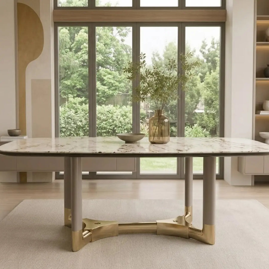 Morravelle Ivory Gold Rectangular Luxury Stone Dining Table