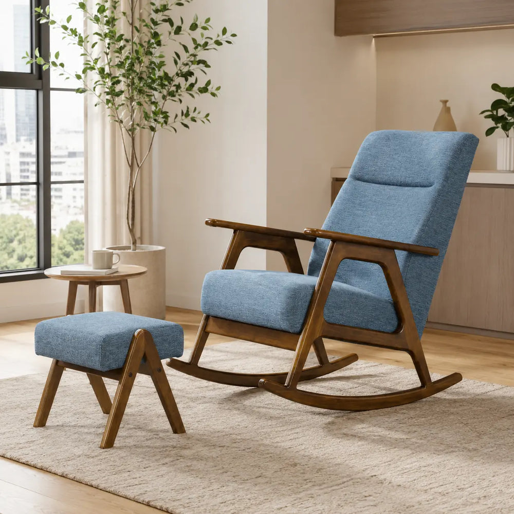 Xavren Blue Fabric Wooden Rocking Chair with Foot Stool ACE
