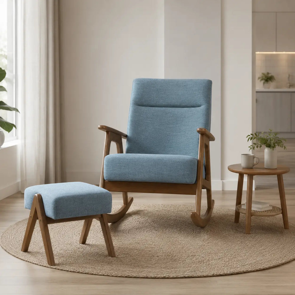 Xavren Blue Fabric Wooden Rocking Chair with Foot Stool ACE