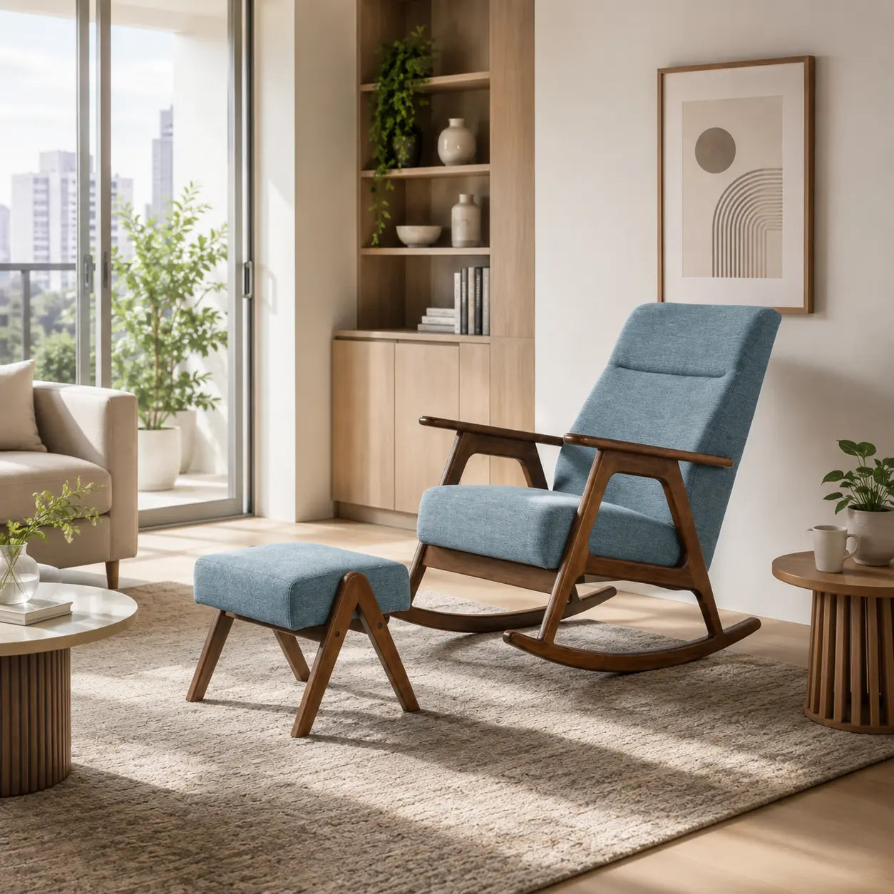 Xavren Blue Fabric Wooden Rocking Chair with Foot Stool ACE