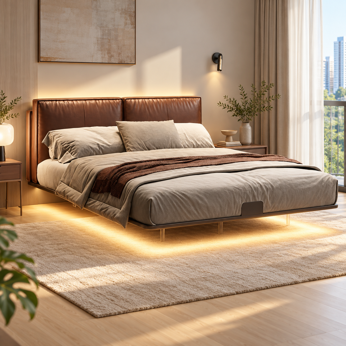 Felsaro Leather Floating Bed Frame (With LED)