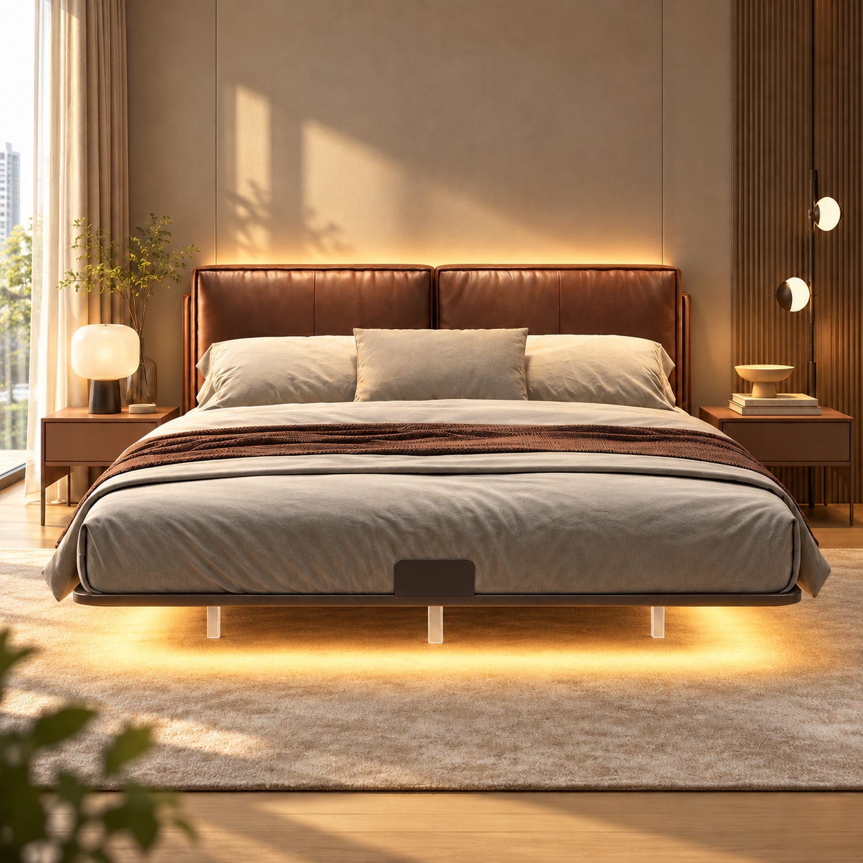 Felsaro Leather Floating Bed Frame (With LED)