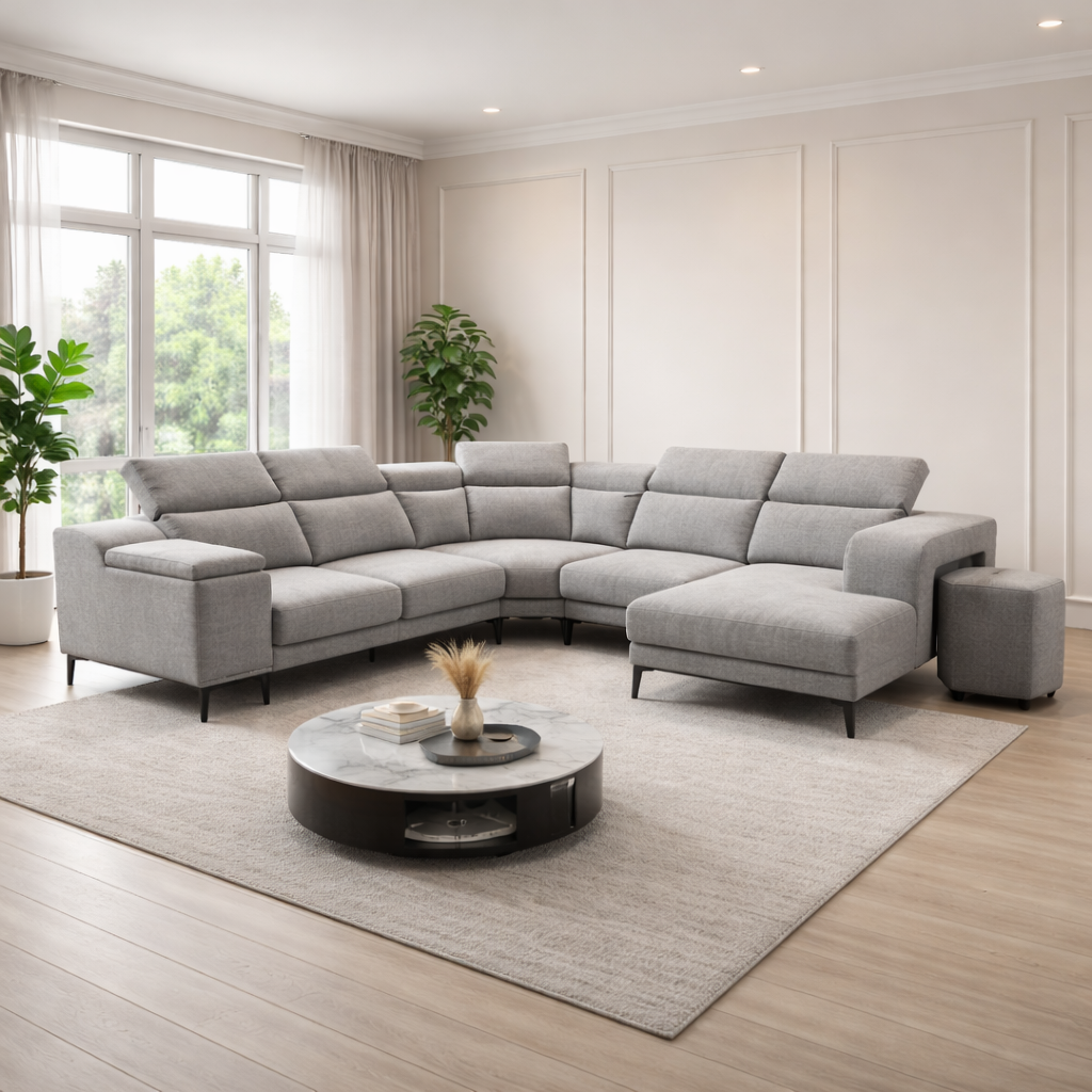 Velen Fabric Adjustable Headrest L-Shaped Corner Slider Sofa (Pet Friendly & Easy Clean)