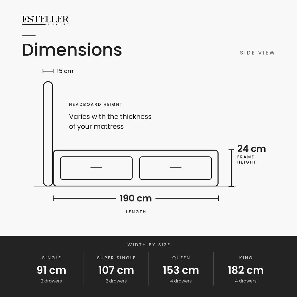 Caldrin Fabric Drawer Bed Frame (Water Repellent & Pet friendly) by Somnuz - Dimensions