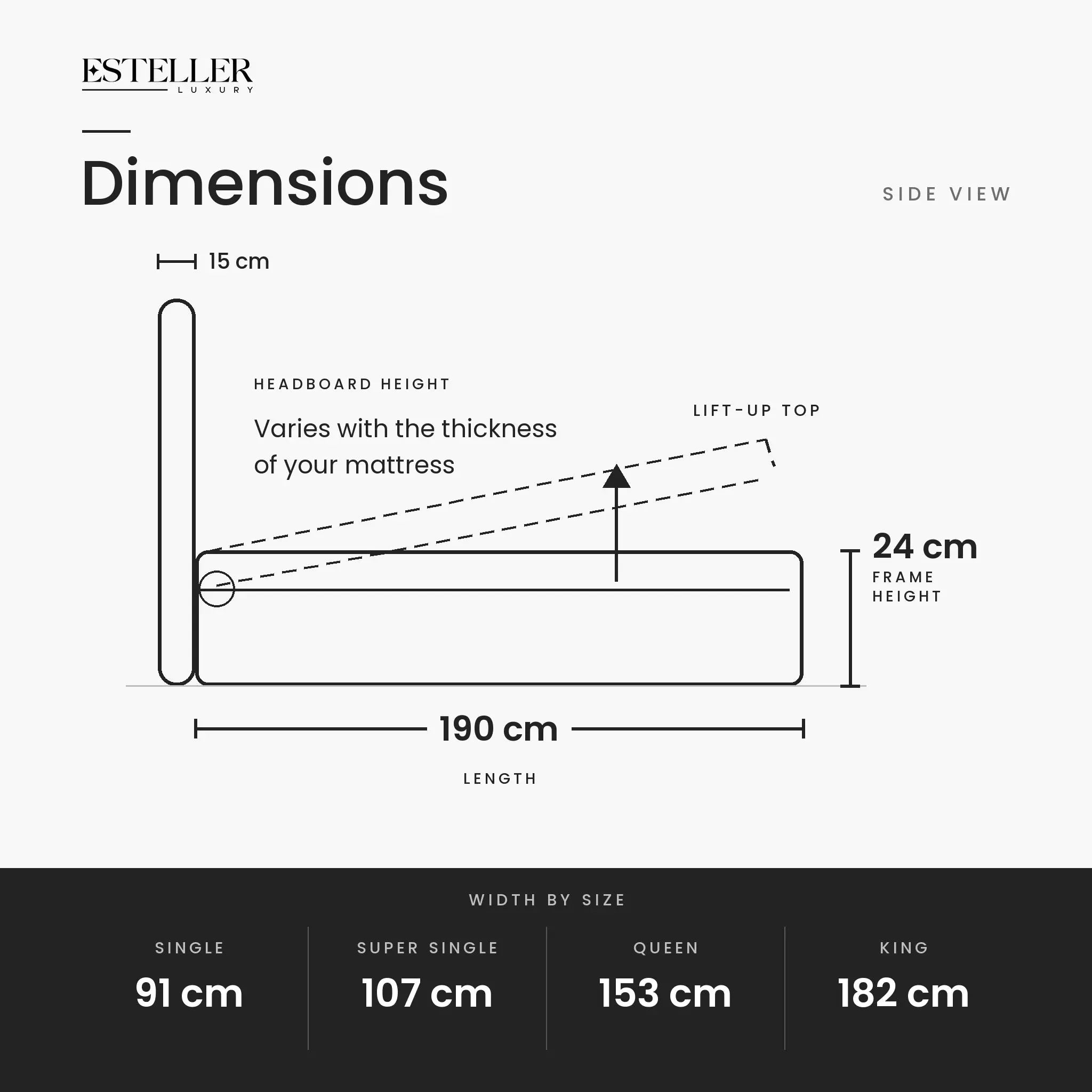 Caldrin Fabric Storage Bed Frame (Water Repellent & Pet Friendly) by Somnuz - Dimensions