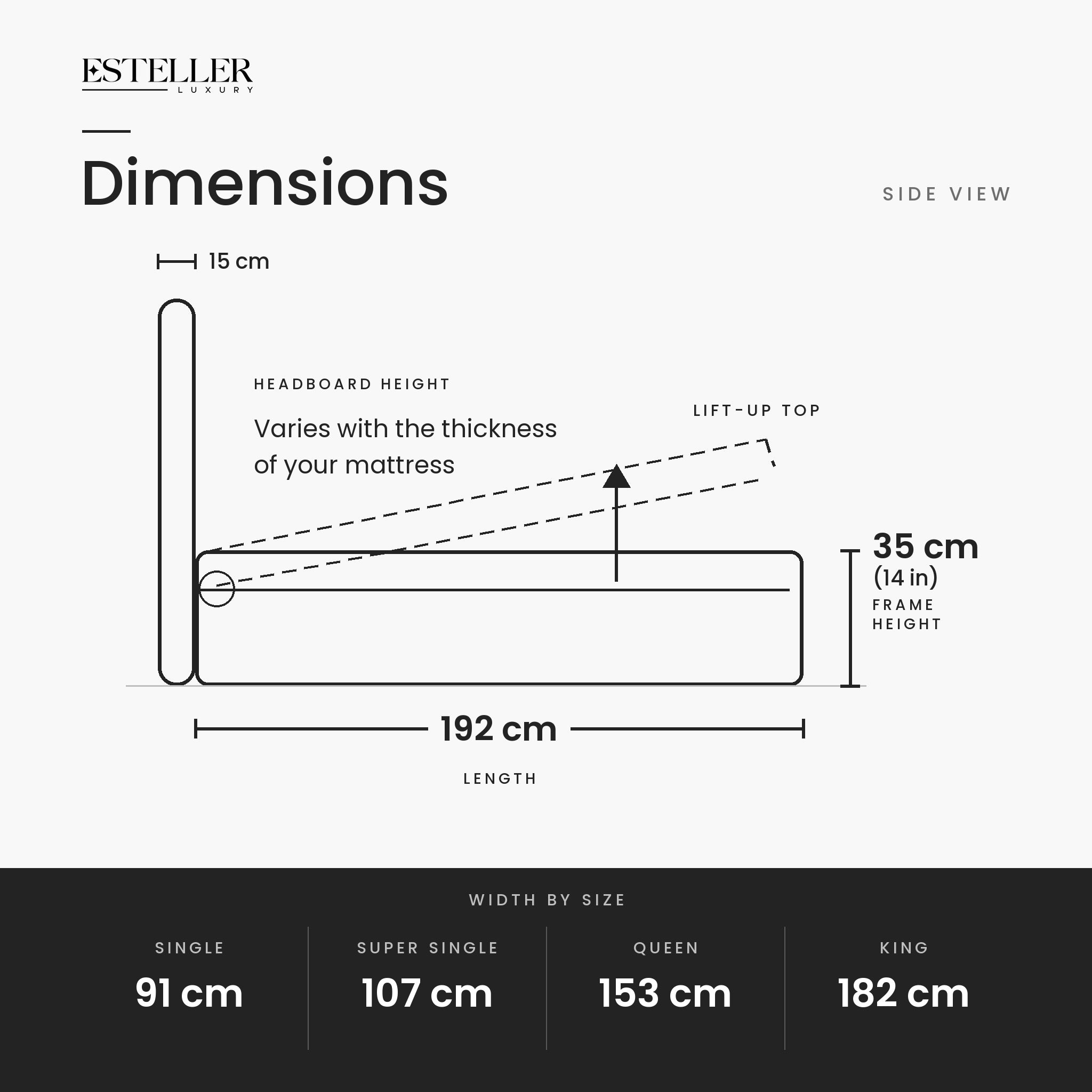 Vintaro Fabric Storage Bed Frame (Water Repellent & Pet Friendly) by Somnuz - Dimensions